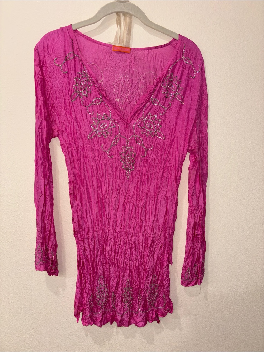 glam Fuchsia Long-Sleeve V-Neck Embellished Tunic